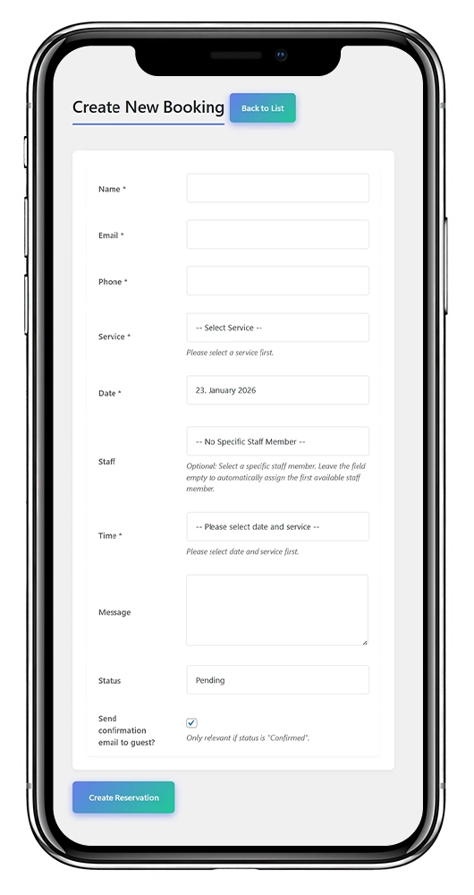 Bil_in_Smartphone_Wordpress Terminbuchung Plugin - Adminbereich Neue Buchung erstellen