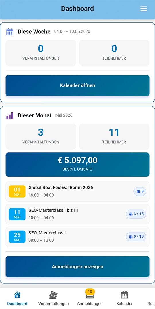 PocketEvents Pro Smartphone App (PWA) Kalenderansicht