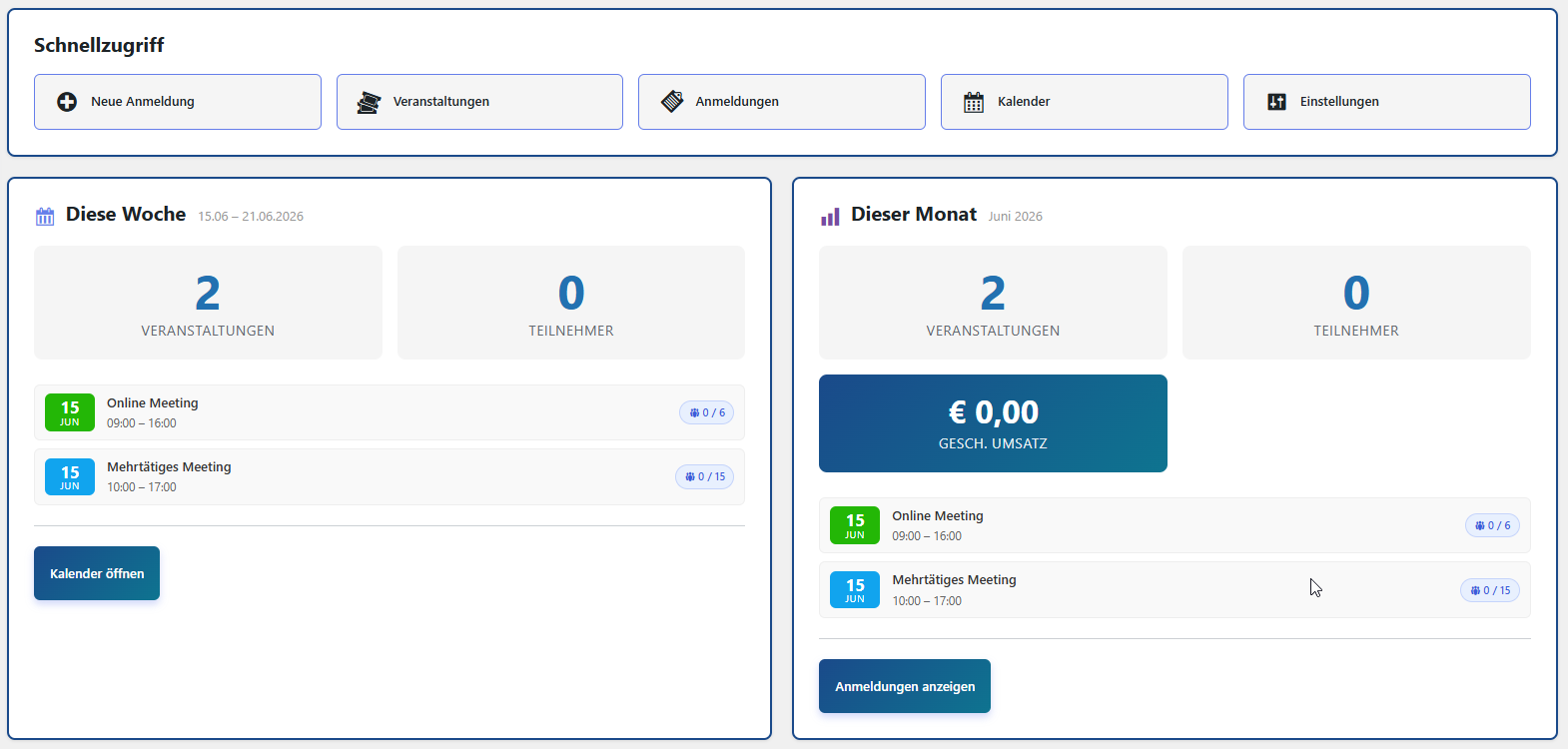 Event Manager WordPress - PocketEventsPro-Backend-Ansicht - Dashboard-1
