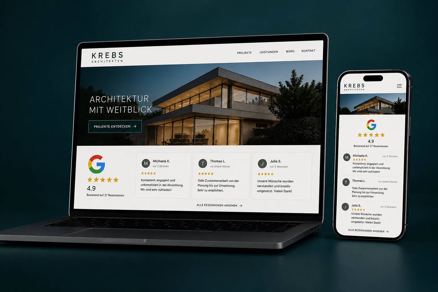 Website-Mockup mit Google-Bewertungen auf Laptop und Smartphone