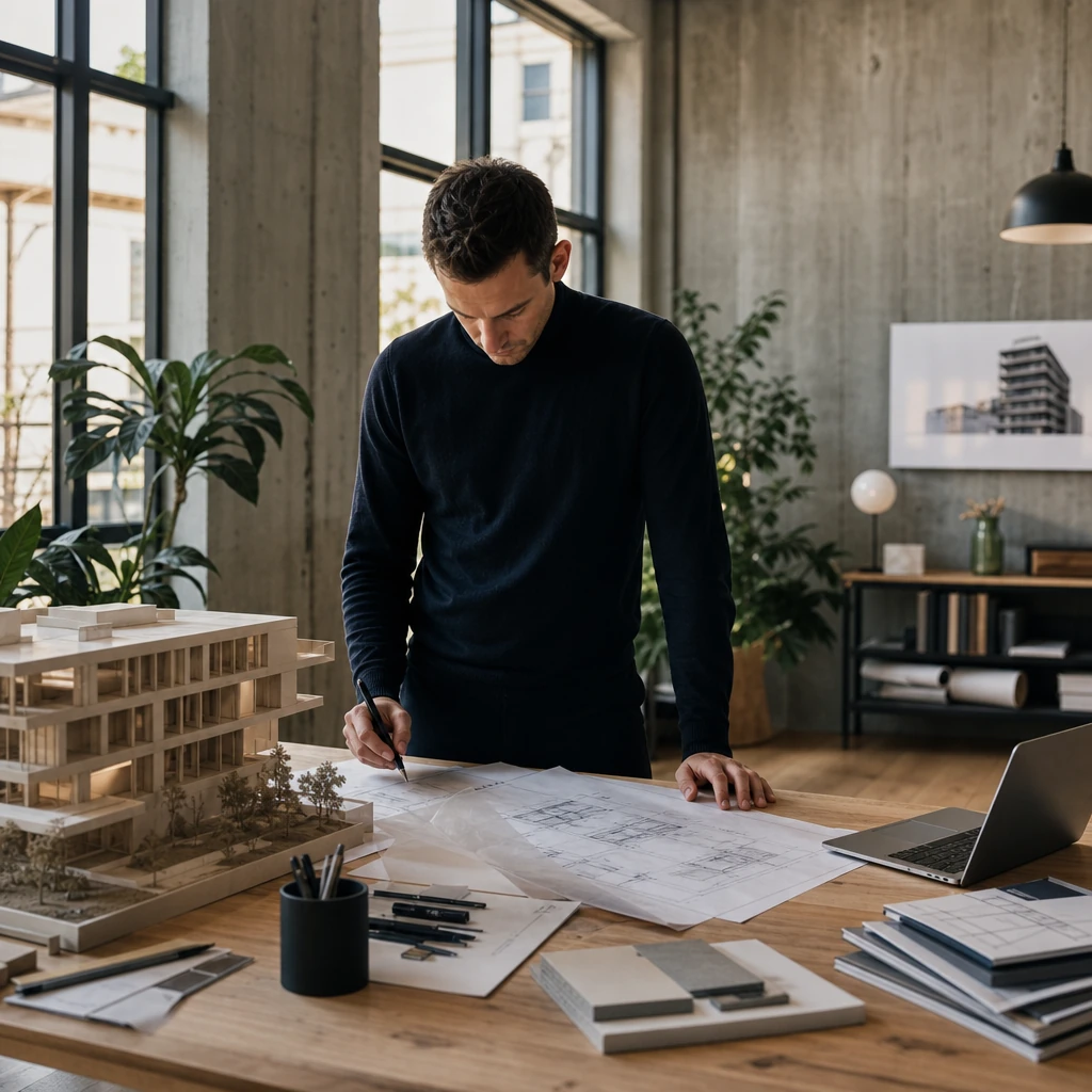 Architektin am Modell im Planungsbüro