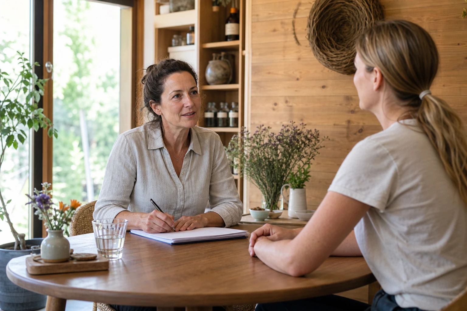 Gespräch in der Naturheilpraxis am Holztisch