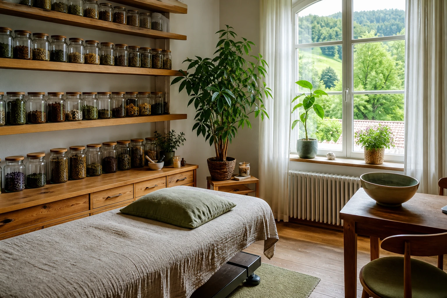 Ruhiger Behandlungsraum einer Naturheilpraxis mit Holz, Leinen und Pflanzen