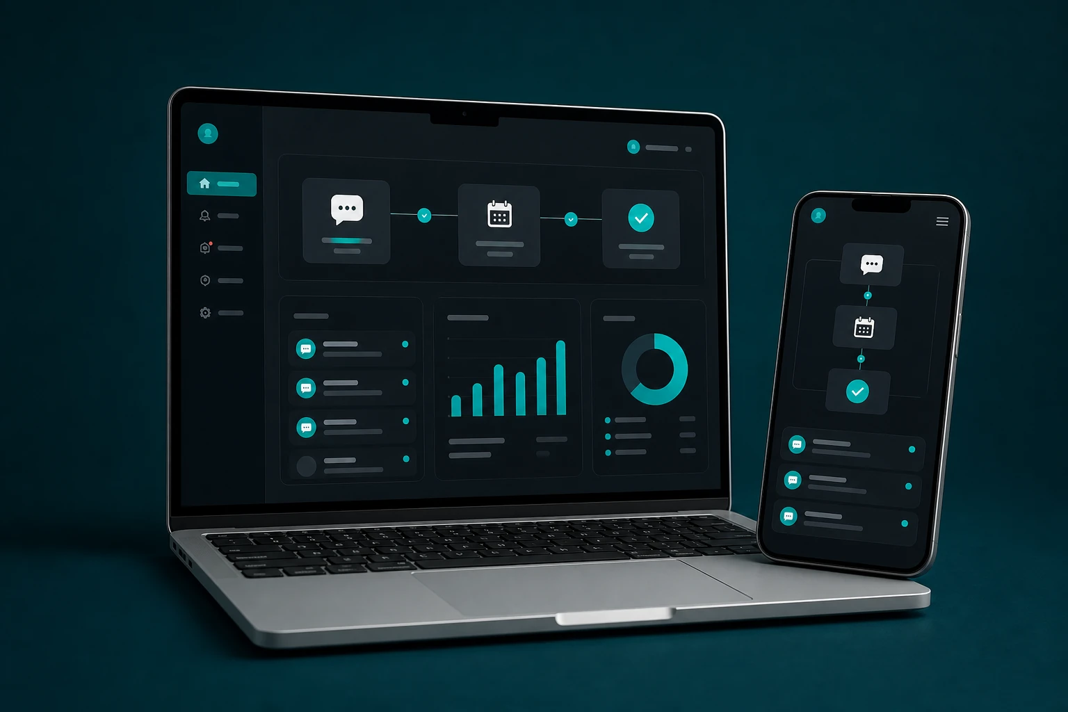 Laptop und Smartphone mit dunklem Dashboard für KI-Automation