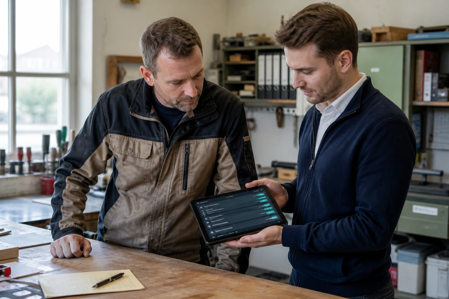KI-Entwicklung vor Ort: Beratung am Tablet in einer Werkstatt